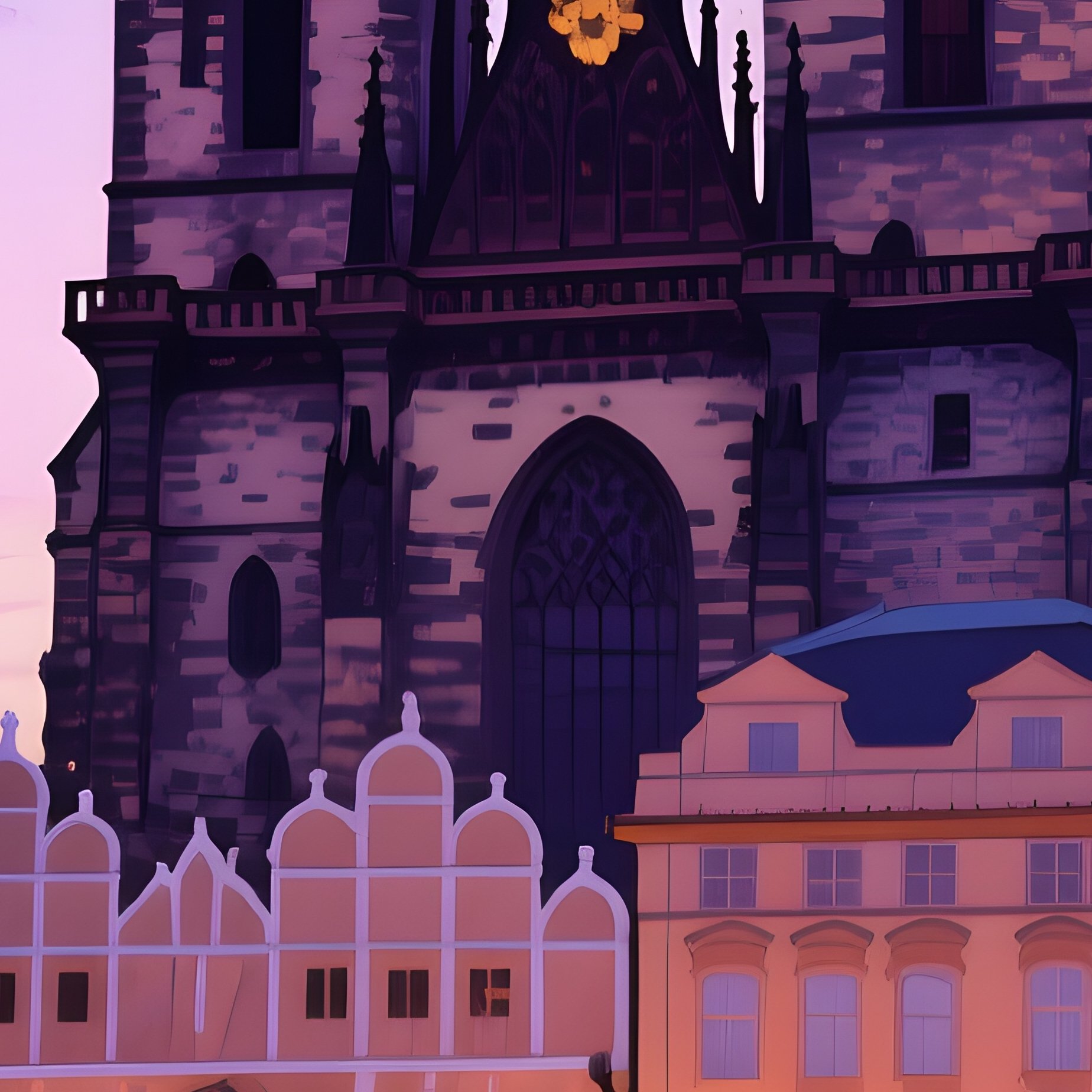 A Historic Cobblestone Square In Prague At Twilight, Gothic Spires Silhouetted, Watercolor Muted - Full Resolution Quality Preview