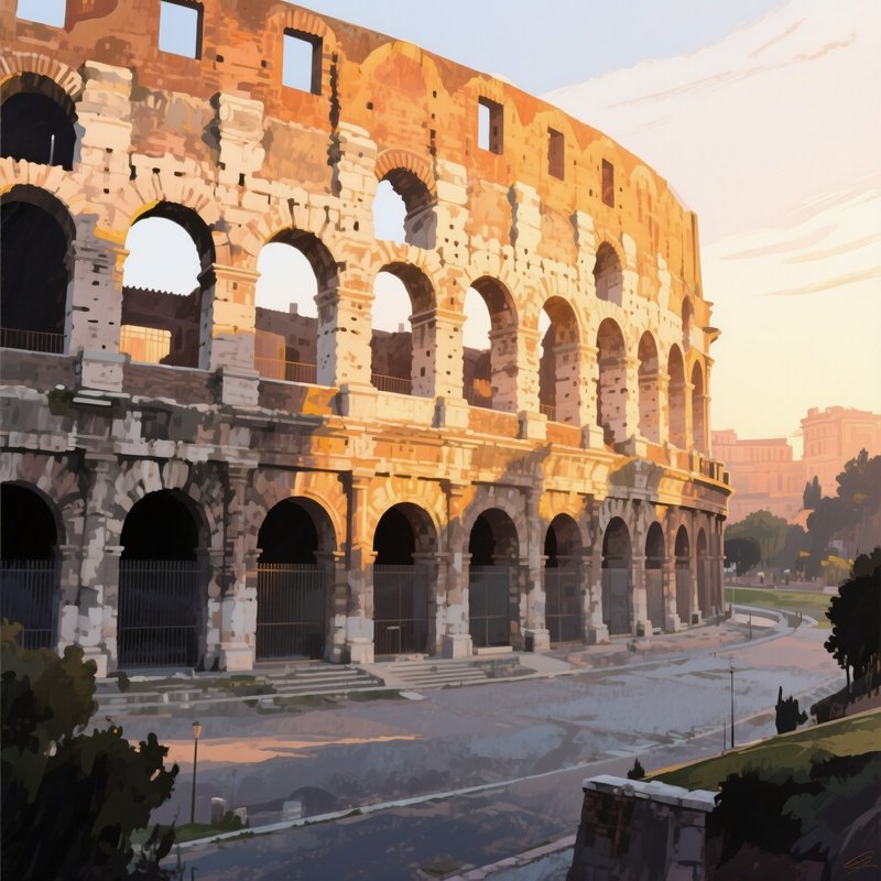 A Historic Coliseum At Dawn, Empty Arches Bathed In Golden Light, Watercolor Warm Ochre Tones