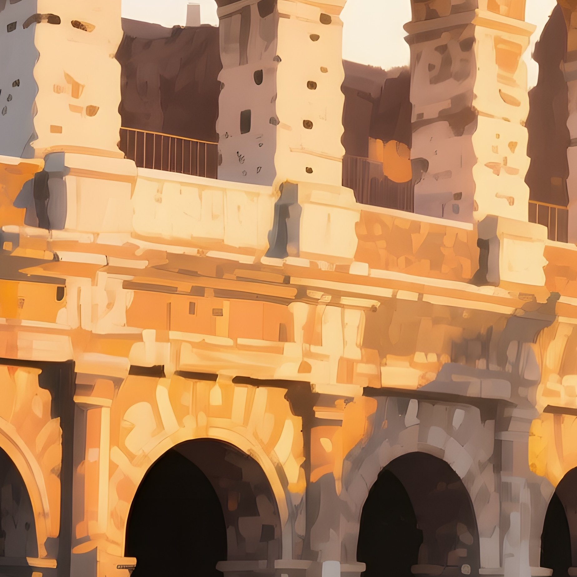 A Historic Coliseum At Dawn, Empty Arches Bathed In Golden Light, Watercolor Warm Ochre Tones - Full Resolution Quality Preview