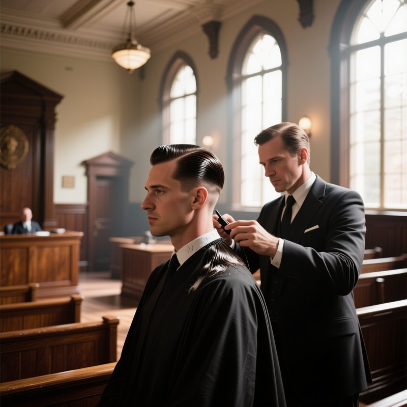 A Historic Courtroom With Wooden Benches And High Ceilings; A Lawyer Gets A Polished Side Part