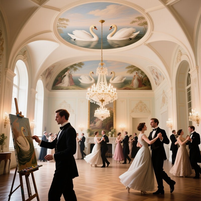 A Historic French Château Ballroom Bathed In Chandelier Light, Guests Waltzing While A Painter