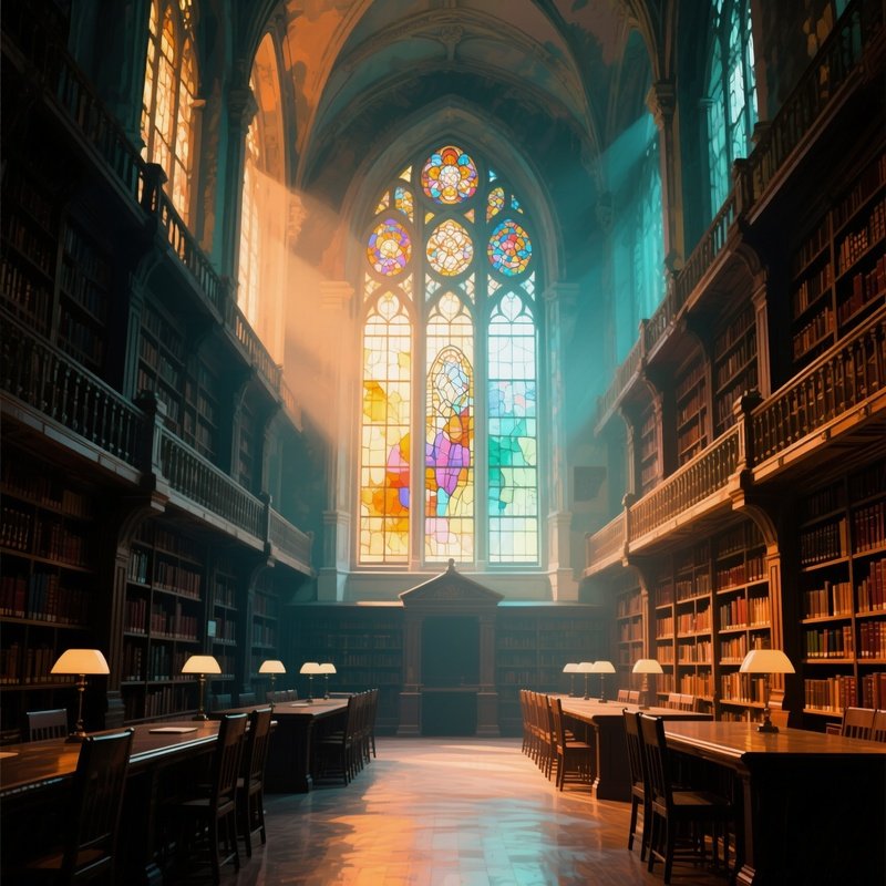 A Historic Library Reading Hall With Towering Shelves, Stained Glass Windows Casting Colored Light,