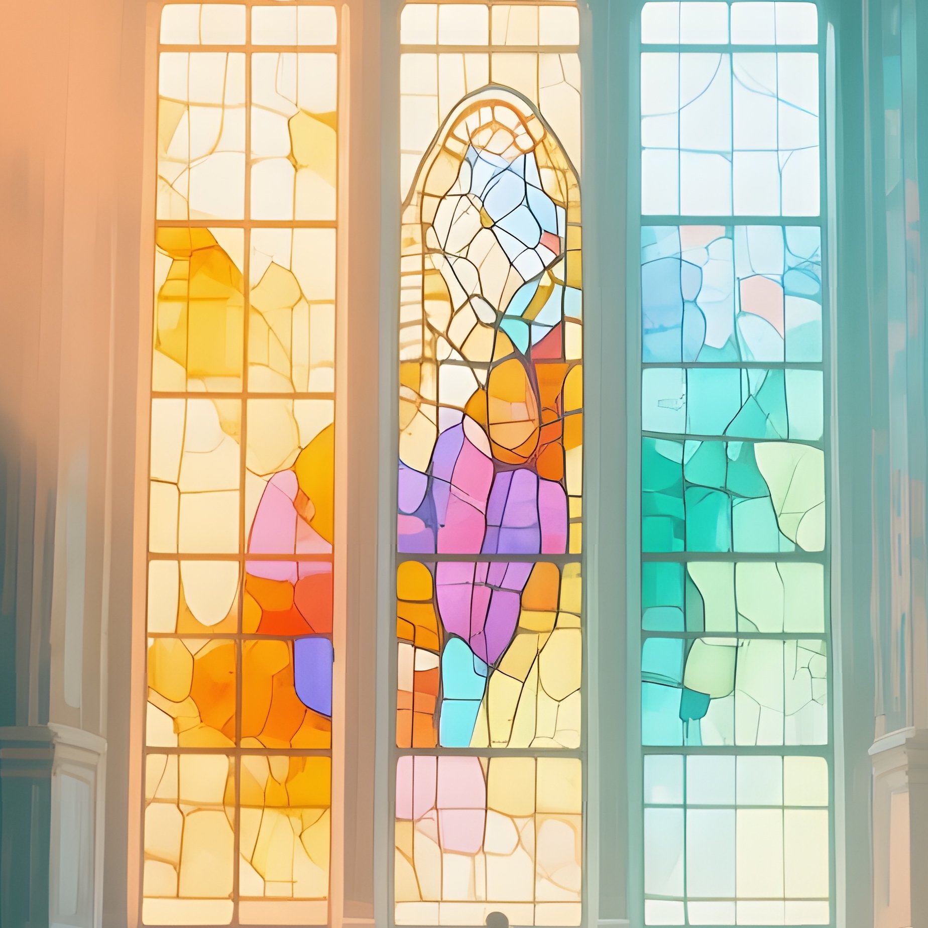 A Historic Library Reading Hall With Towering Shelves, Stained Glass Windows Casting Colored Light, - Full Resolution Quality Preview