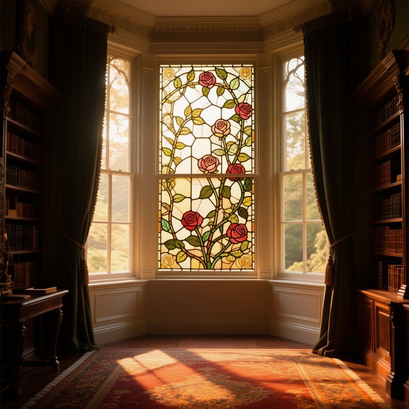 A Historic Manor Library, A Large Bay Window Featuring An Intricate Glass Mural Of Ivy And Roses