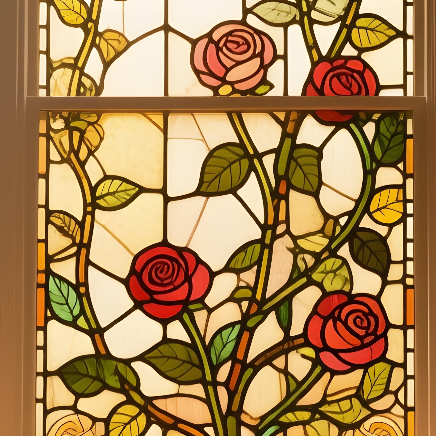 A Historic Manor Library, A Large Bay Window Featuring An Intricate Glass Mural Of Ivy And Roses - Full Resolution Quality Preview
