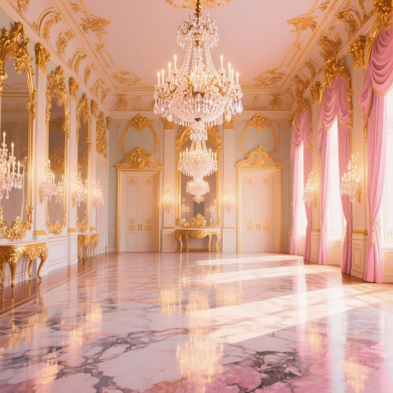 A Historic Palace Ballroom Illuminated By Crystal Chandeliers, Marble Floors Reflecting Light,