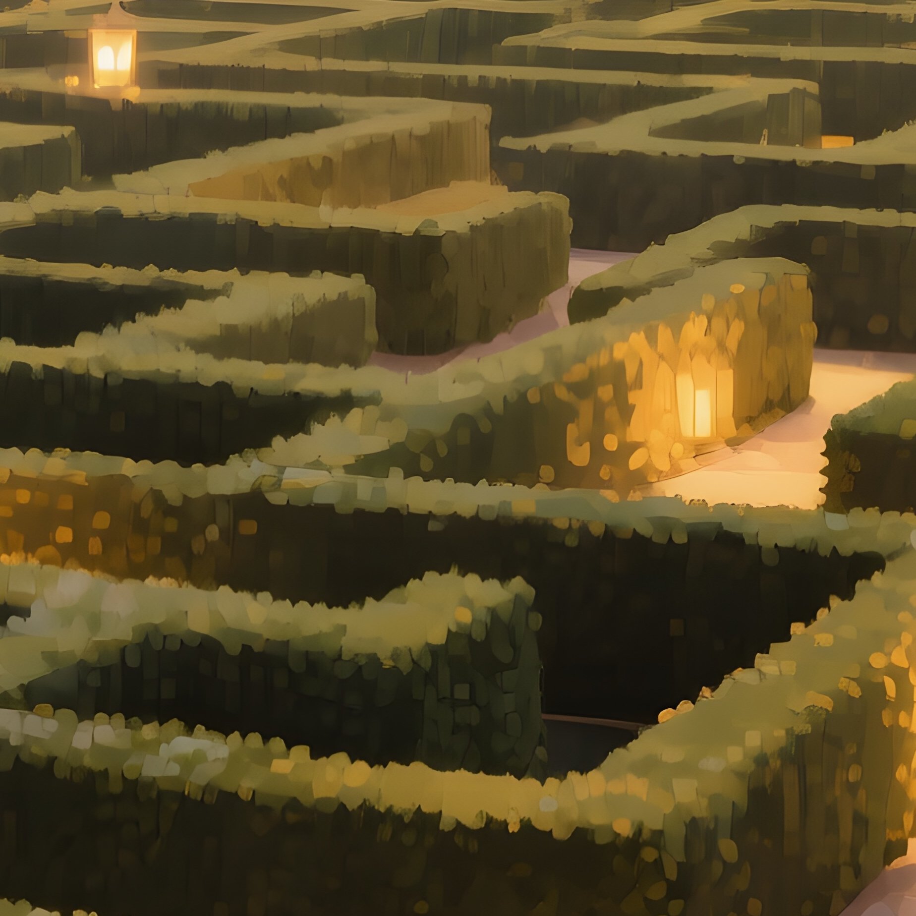 A Historic Palace Garden Maze Illuminated By Lanterns, Pathways Winding Through Hedges, Watercolor - Full Resolution Quality Preview