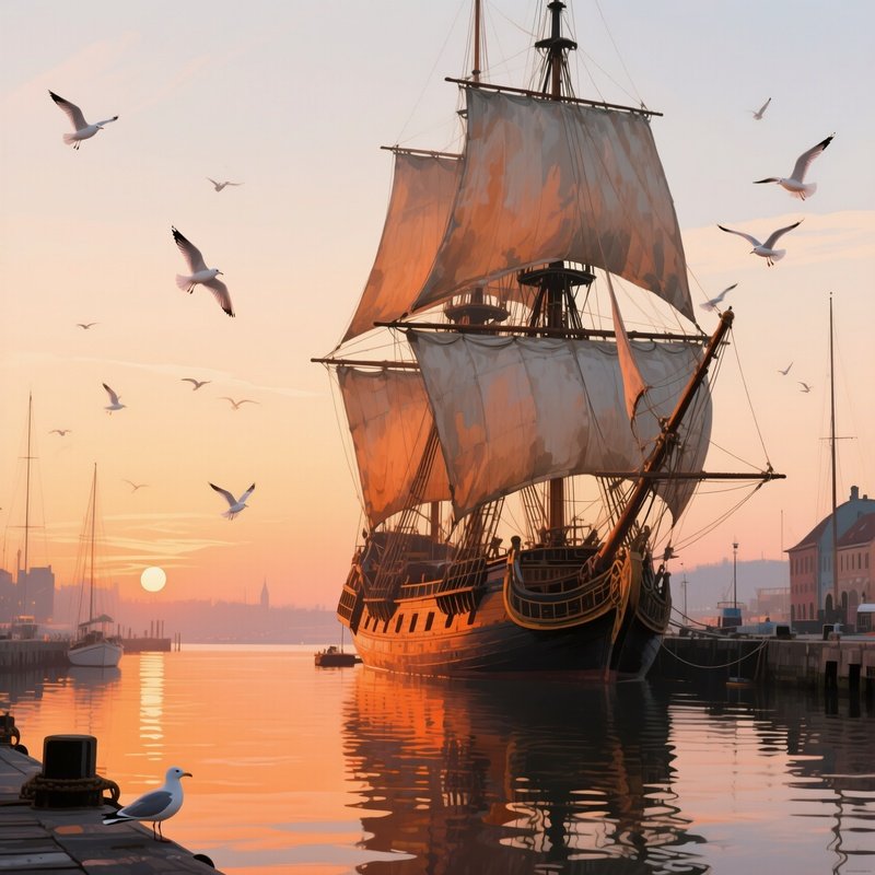 A Historic Ship Docked In A Harbor At Sunrise, Sails Furled, Watercolor Warm Oranges Reflecting On