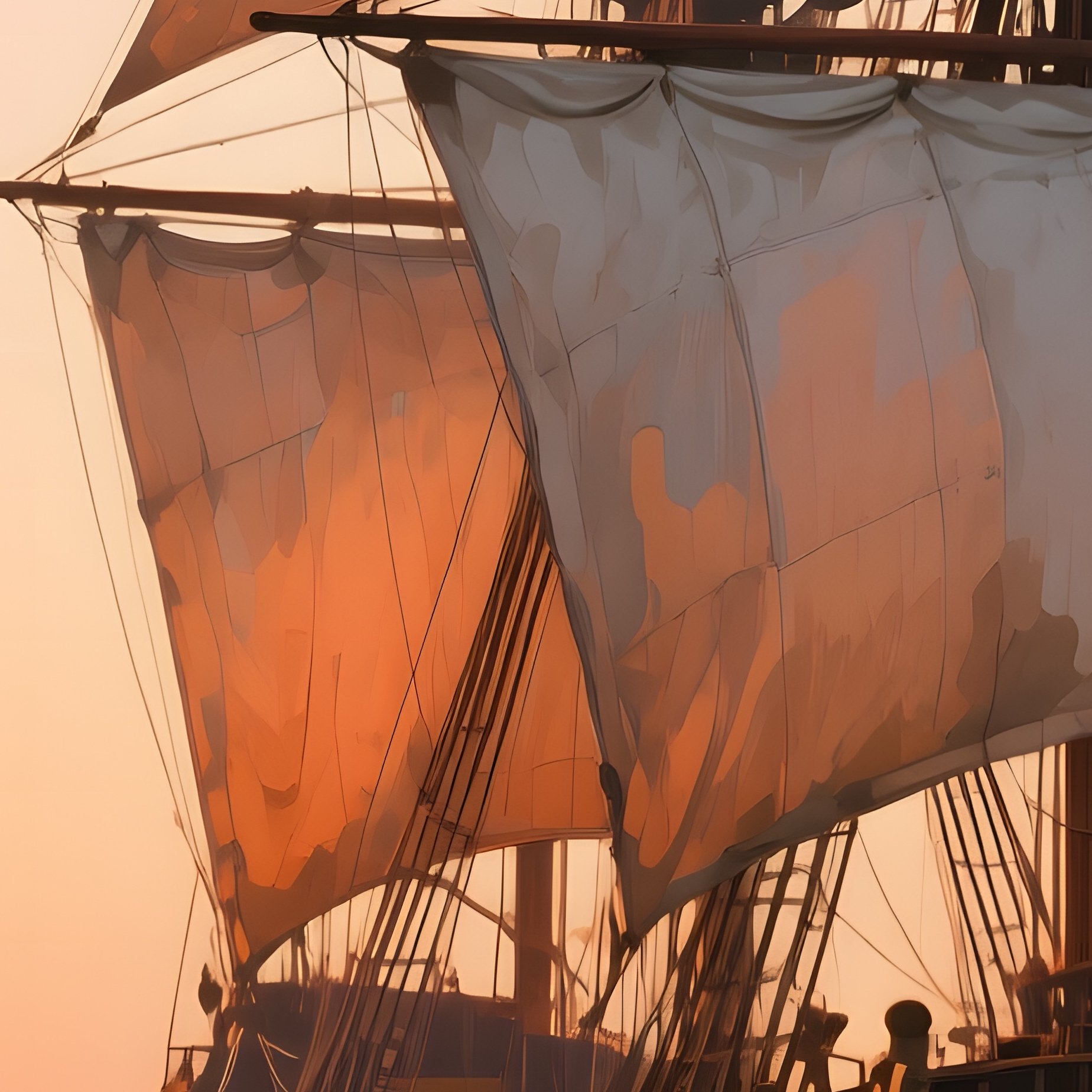 A Historic Ship Docked In A Harbor At Sunrise, Sails Furled, Watercolor Warm Oranges Reflecting On - Full Resolution Quality Preview