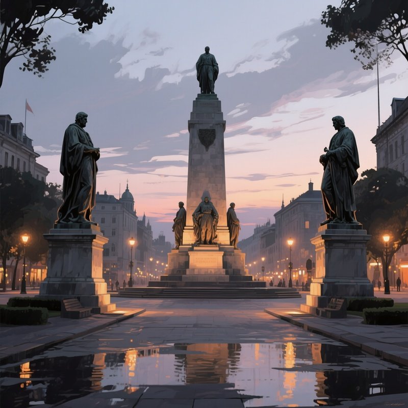 A Historic War Memorial Plaza At Twilight, Statues Illuminated, Watercolor Solemn Grays With Warm