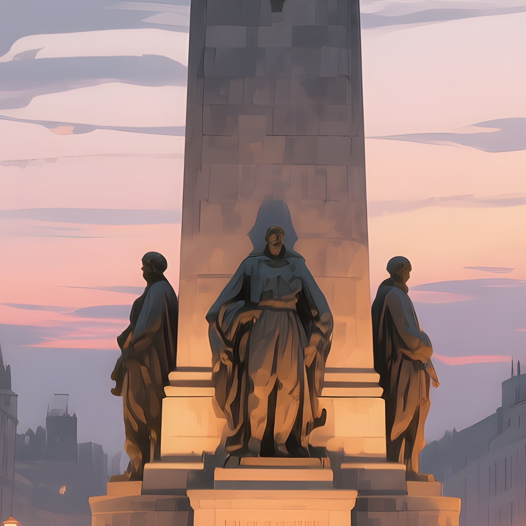 A Historic War Memorial Plaza At Twilight, Statues Illuminated, Watercolor Solemn Grays With Warm - Full Resolution Quality Preview