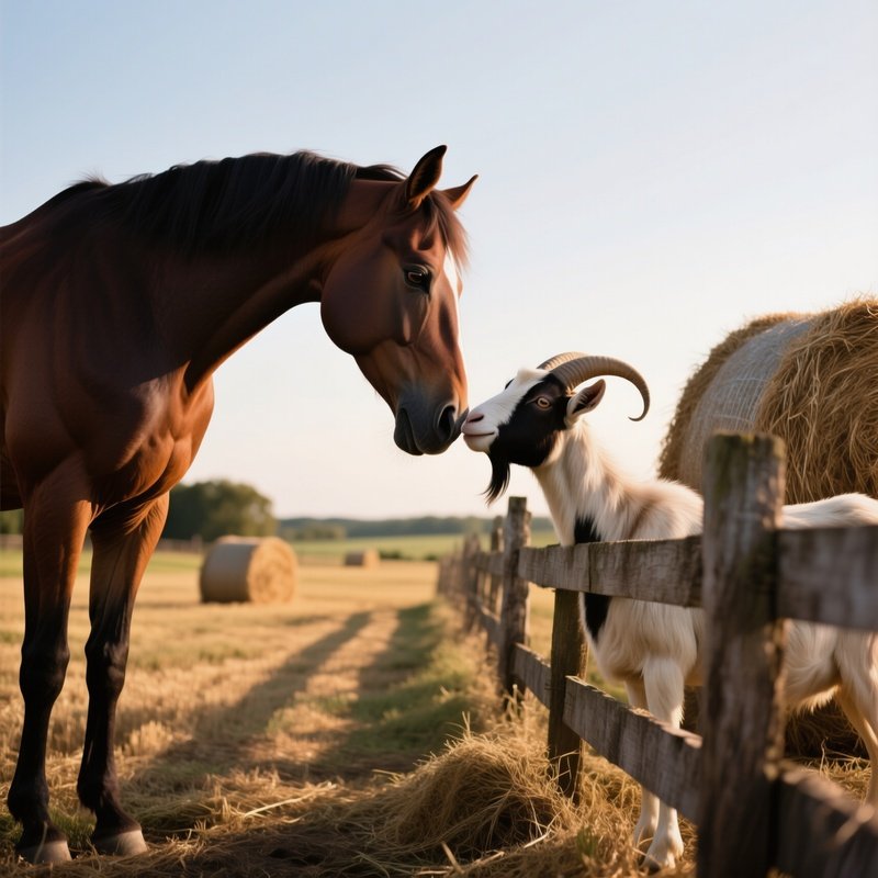 A Horse And A Goat Lean In For A Gentle Kiss Beside A Rustic Wooden Fence On A Farm Field Bathed In