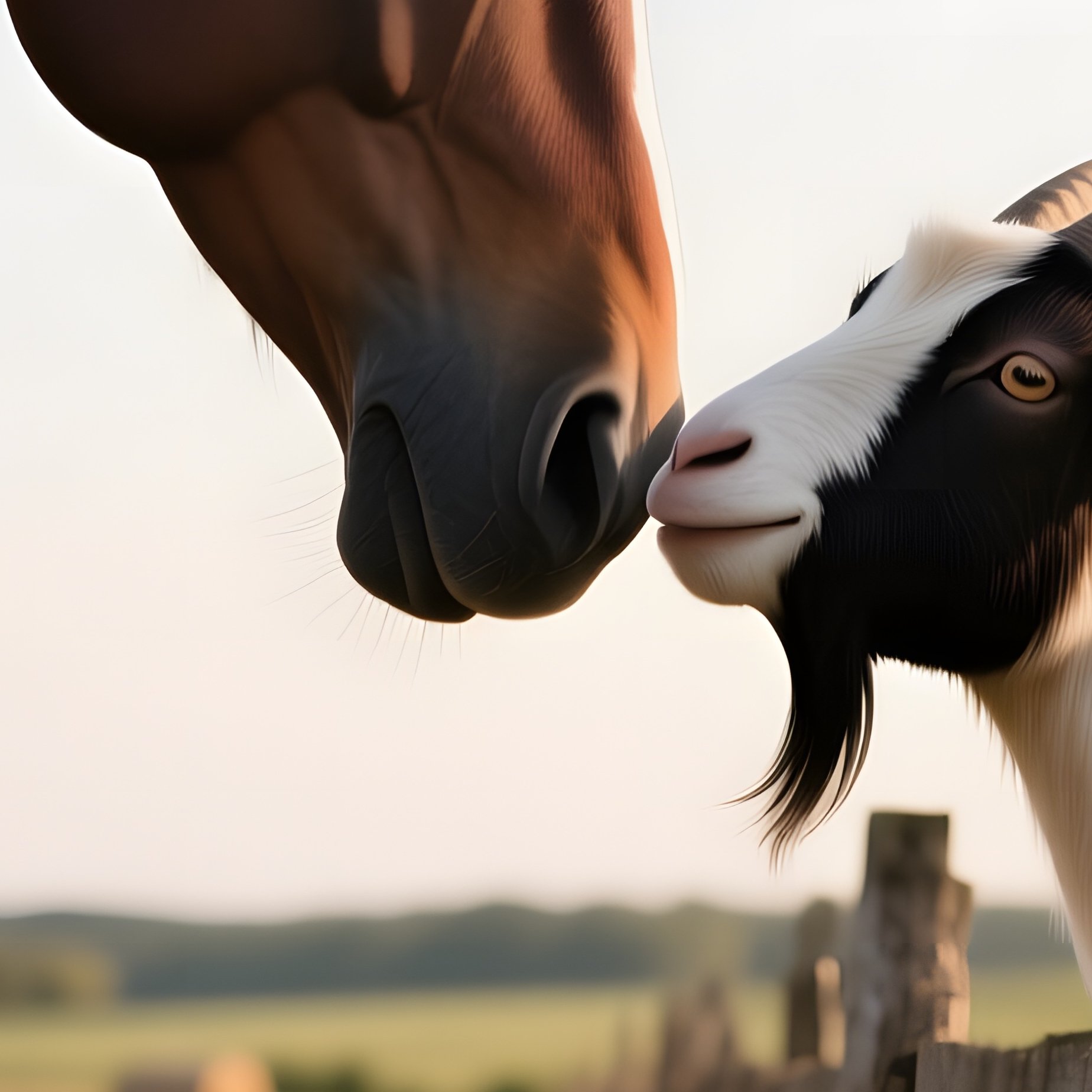 A Horse And A Goat Lean In For A Gentle Kiss Beside A Rustic Wooden Fence On A Farm Field Bathed In - Full Resolution Quality Preview