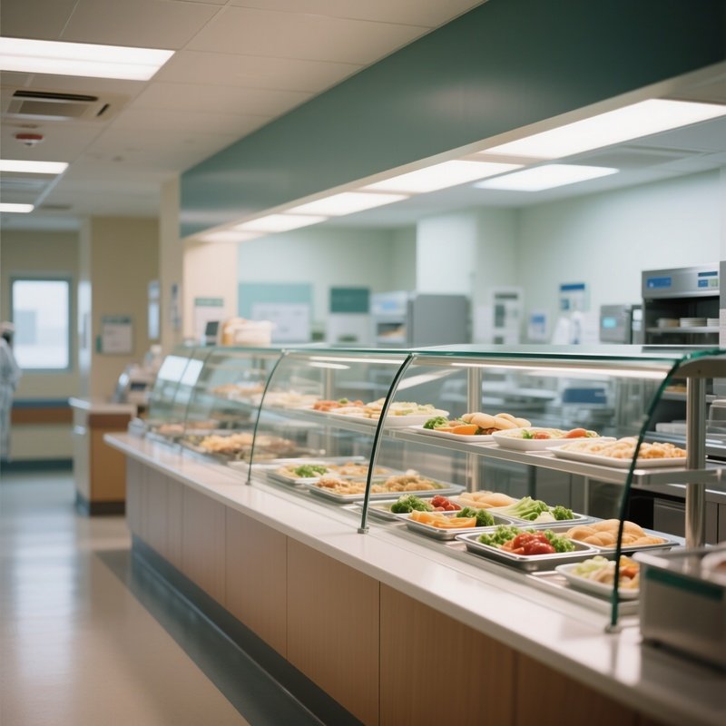 A Hospital Cafeteria Serving Fresh Meals Behind Glass Counters