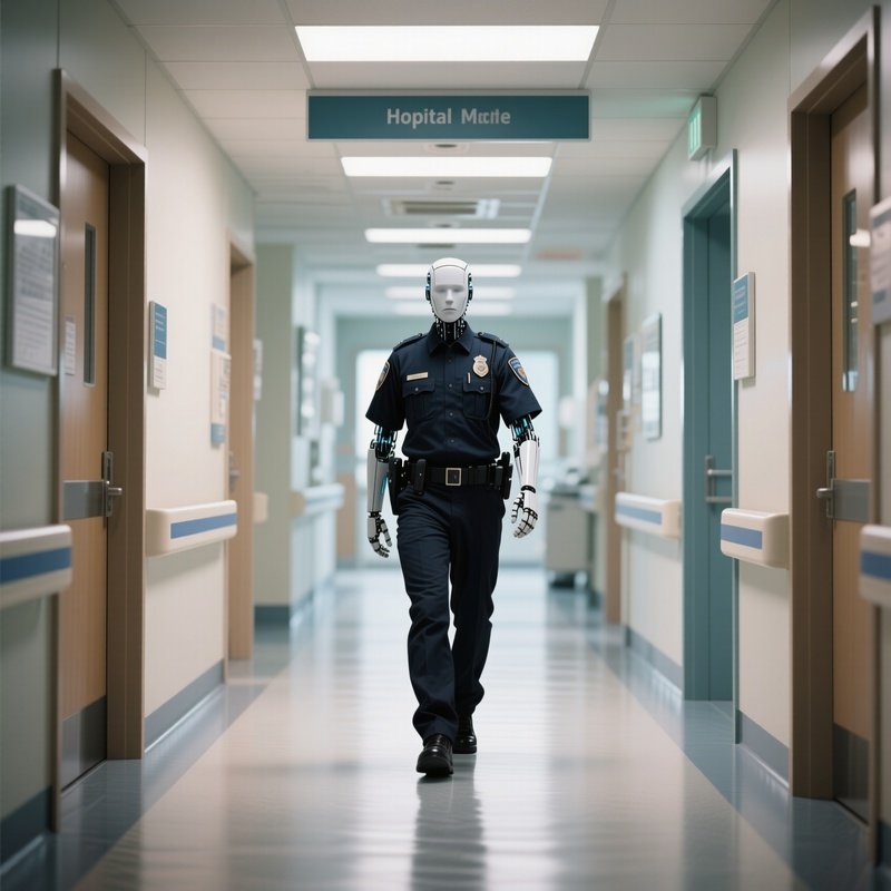 A Hospital Security Guard Walking Through The Main Hallway