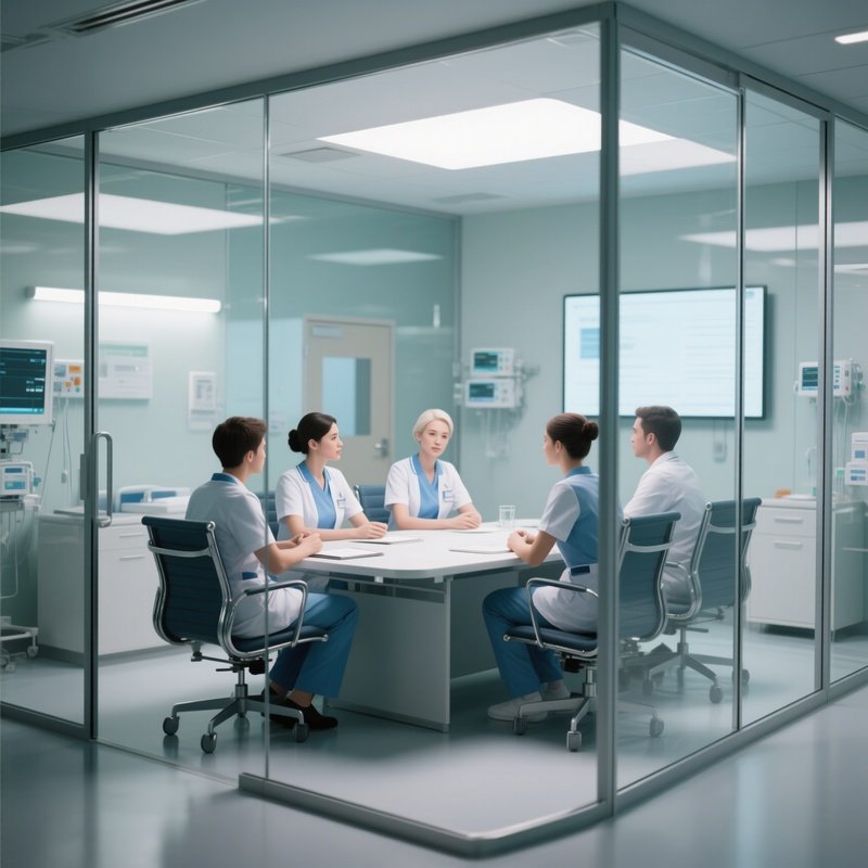A Hospital Staff Meeting Taking Place In A Glass Walled Room