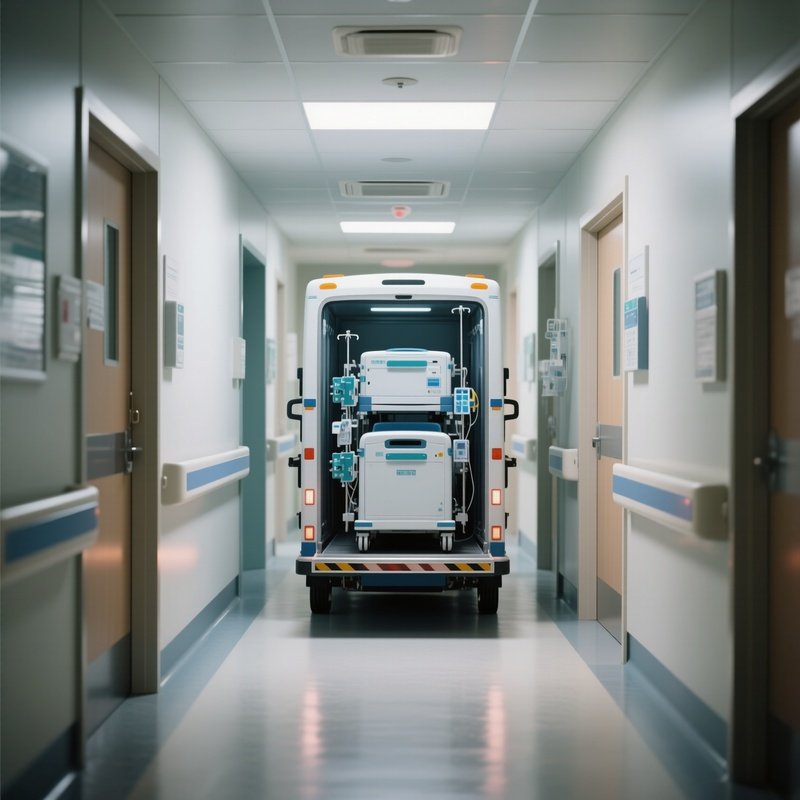 A Hospital Transporter Moving Equipment Down The Hallway