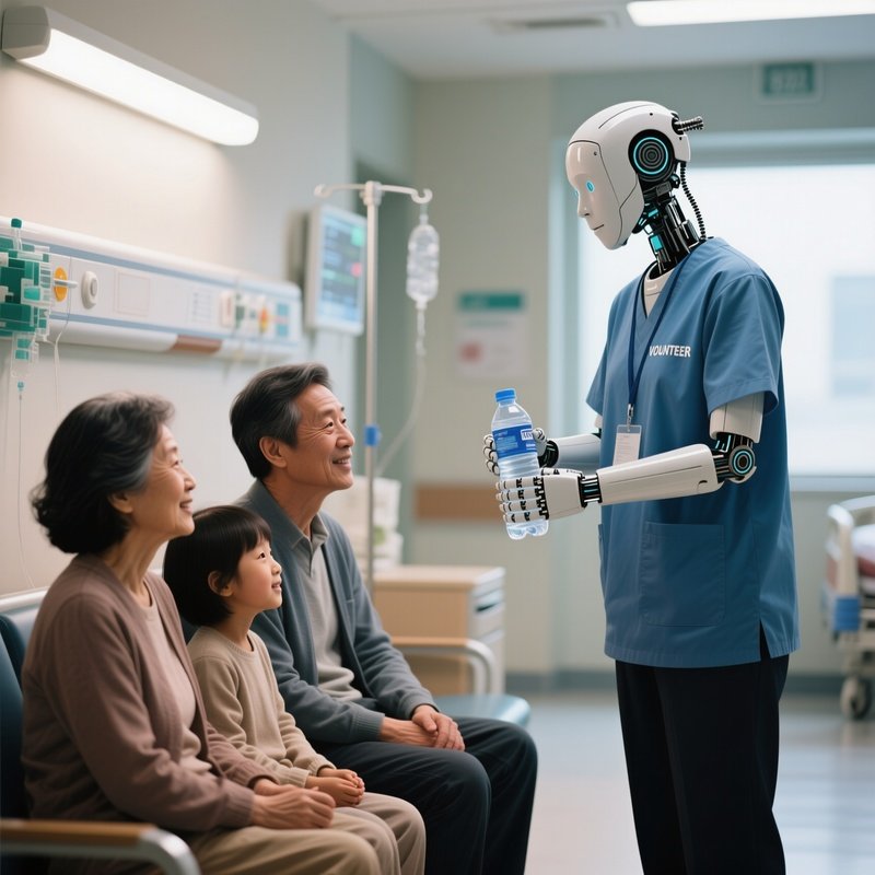 A Hospital Volunteer Offering Water To Waiting Family Members