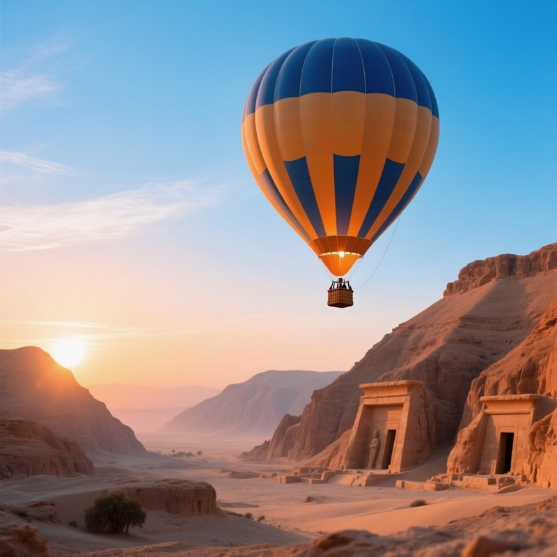 A Hot Air Balloon Floating Above The Valley Of The Kings During Dawn
