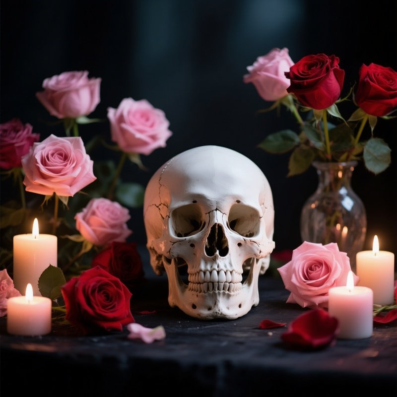 A Human Skull Surrounded By Roses And Candles Skull Roses