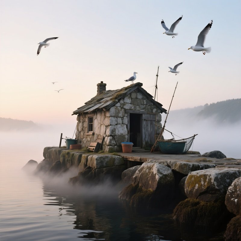 A Humble Fisherman'S Stone Shack Of Weathered Limestone Sits On A Rocky Pier At Dawn, Mist Rising