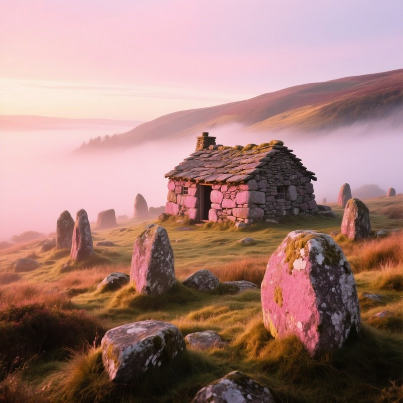 A Humble Shepherd S Hut Made From Stacked Fieldstones Rests On A Misty Hillside Dotted With Ancient