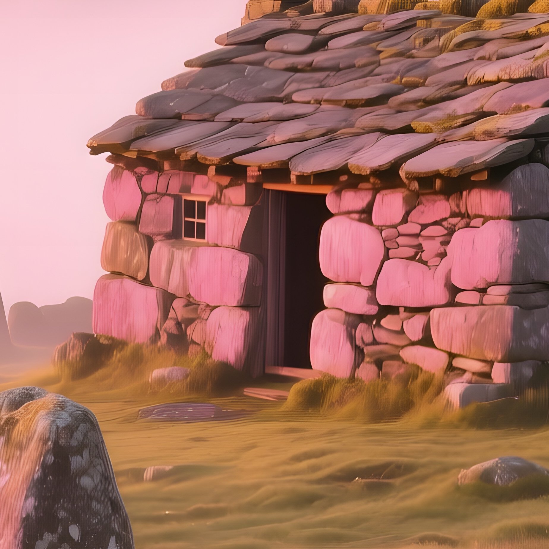 A Humble Shepherd S Hut Made From Stacked Fieldstones Rests On A Misty Hillside Dotted With Ancient - Full Resolution Quality Preview