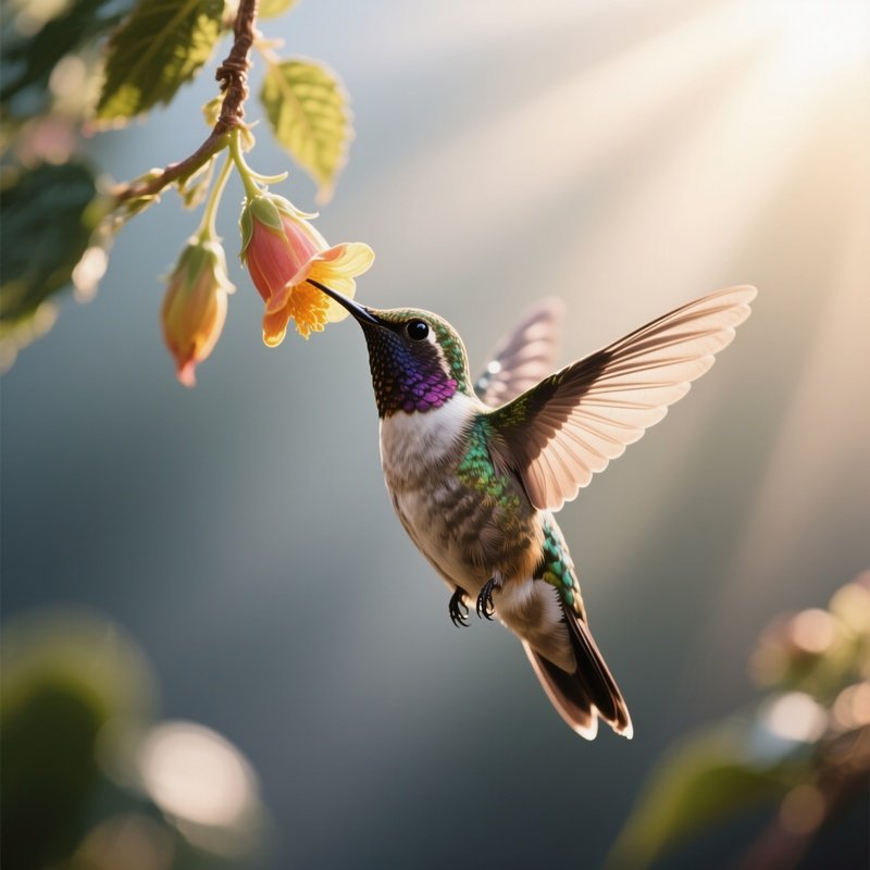 A Hummingbird Feeding While Suspended In A Sunbeam.