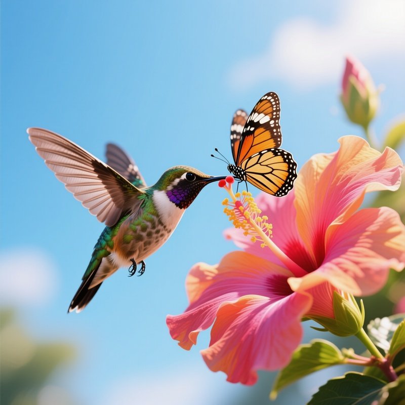 A Hummingbird Hovers Near A Vibrant Hibiscus Flower As A Butterfly Lands On Its Wing, Their Beaks