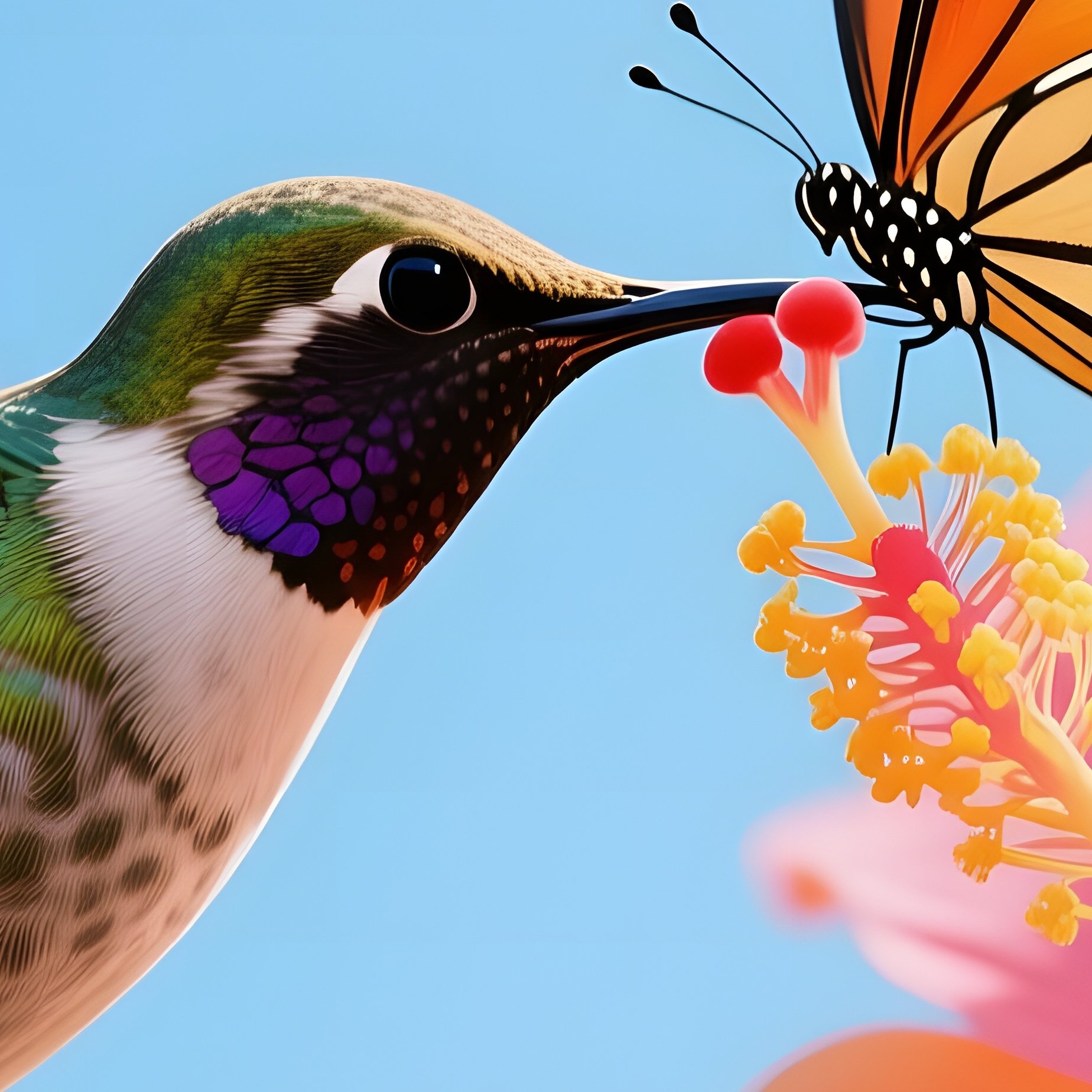 A Hummingbird Hovers Near A Vibrant Hibiscus Flower As A Butterfly Lands On Its Wing, Their Beaks - Full Resolution Quality Preview