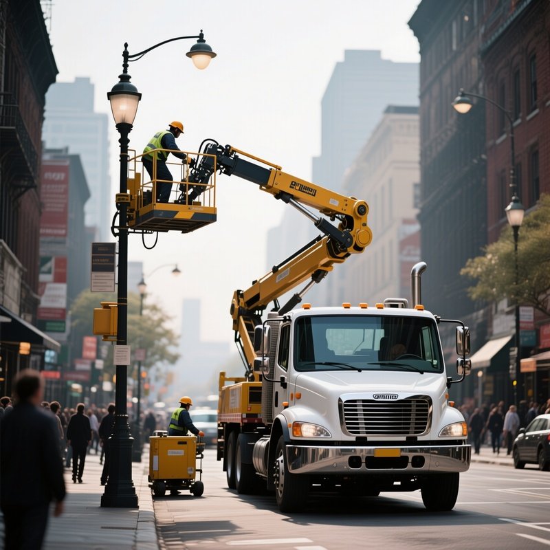A Hydraulic Lift Truck Servicing Streetlights On A Busy Avenue