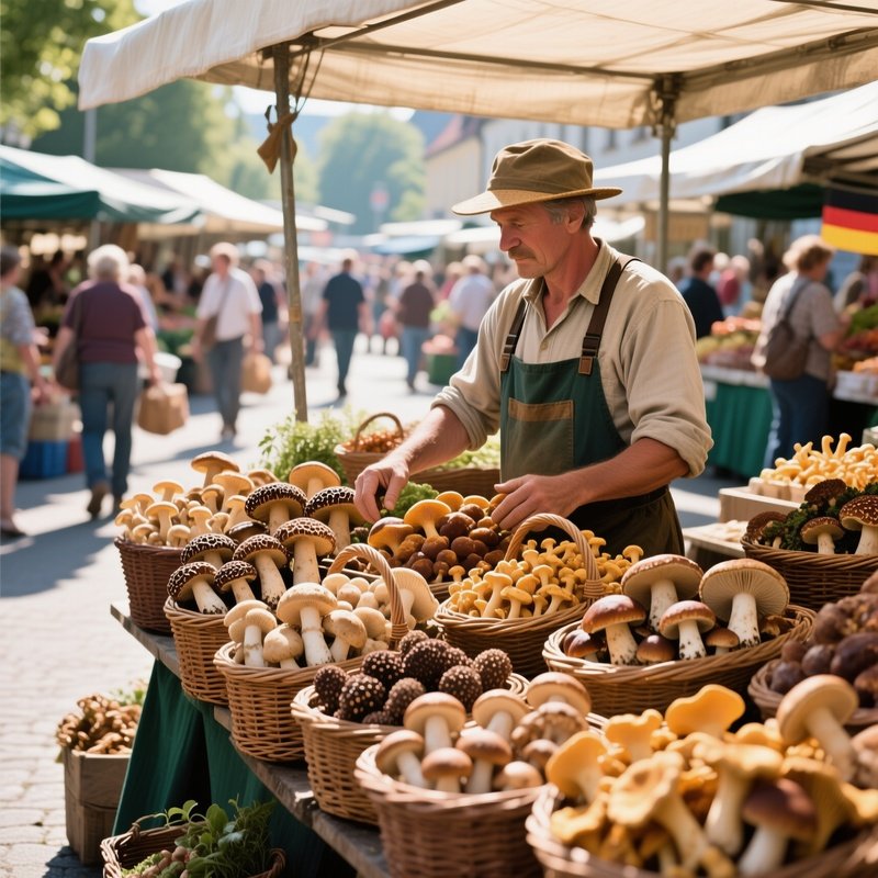 A Hyper‑Realistic Illustration Of A German Farmer’S Market Stall, Baskets Overflowing With Assorted