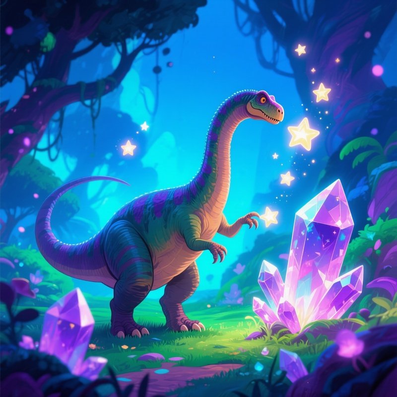 A Illustration Of A Barosaurus In Magical Setting