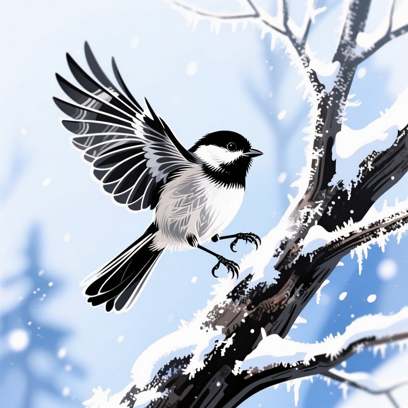 A Illustration Of A Black Capped Chickadee In Flight Over A Frosty Tree