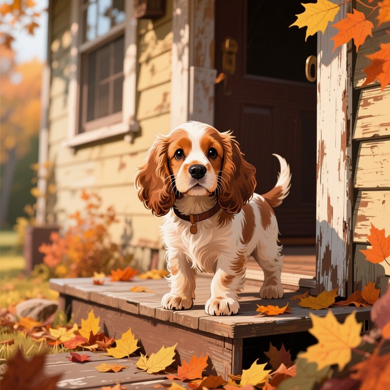 A Illustration Of A Puppy Standing In Front Of An Old House