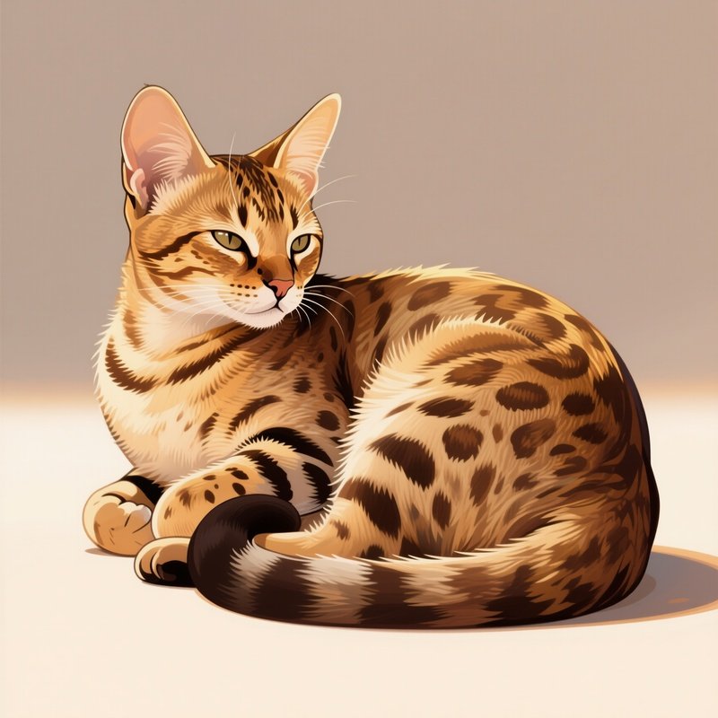 A Illustration Of A Savannah Cat Curled Up Into A Perfect Ball