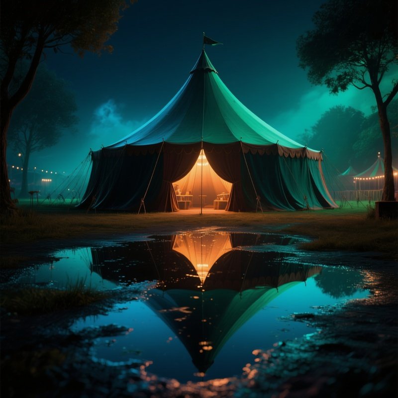 A Imaginary Scenario Of A Circus Tent Reflected In Puddles After Rain Lanterns Glowing