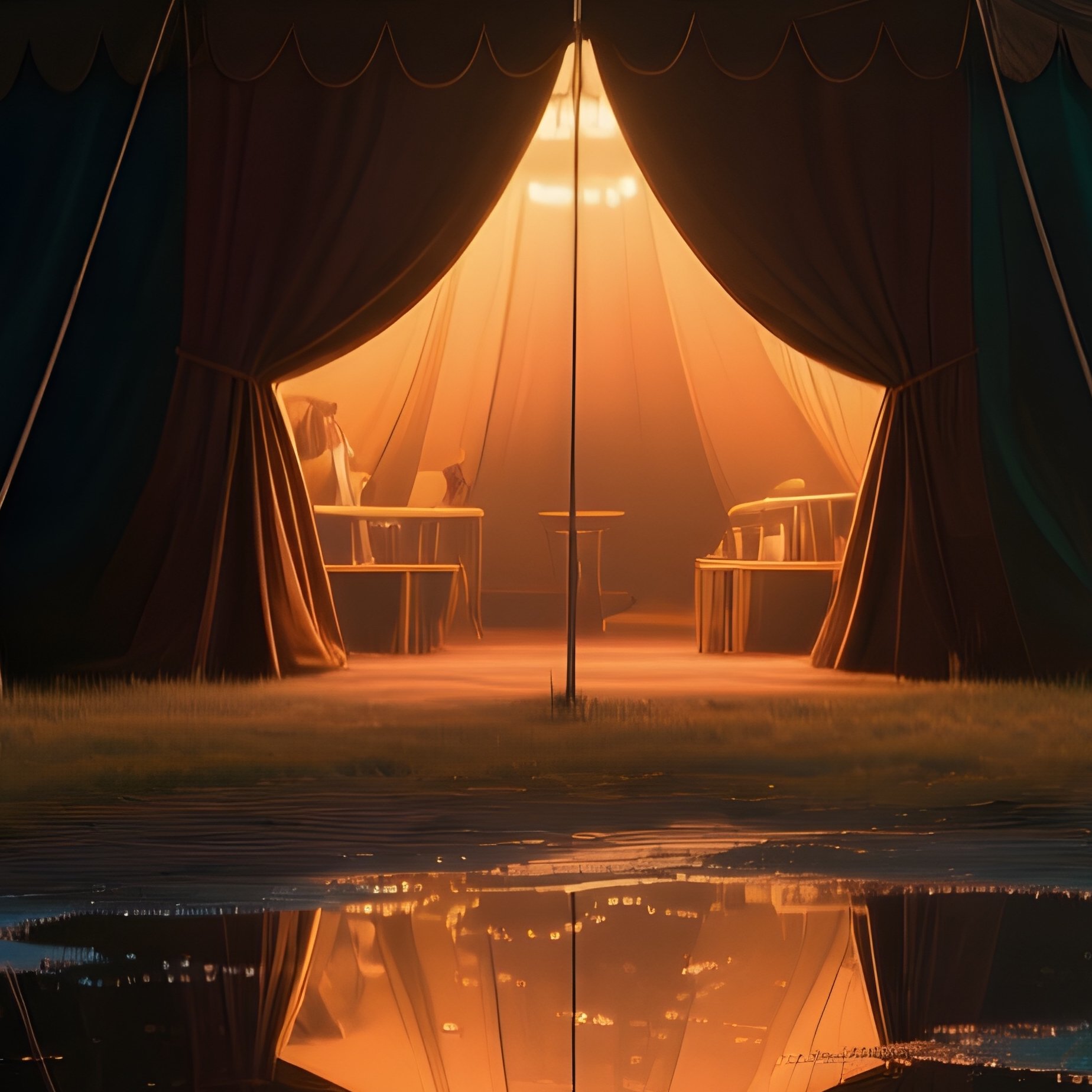 A Imaginary Scenario Of A Circus Tent Reflected In Puddles After Rain Lanterns Glowing - Full Resolution Quality Preview