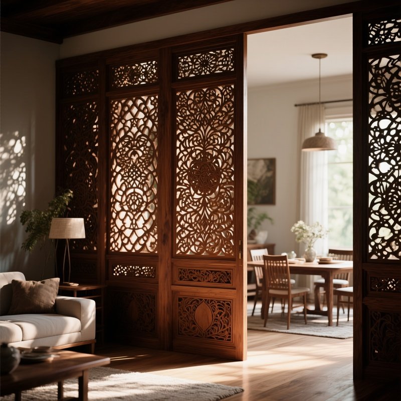 A Intricately Carved Wooden Room Divider Separating A Living Area From A Dining Space, Allowing Dappled Light To Filter Through The Patterns.