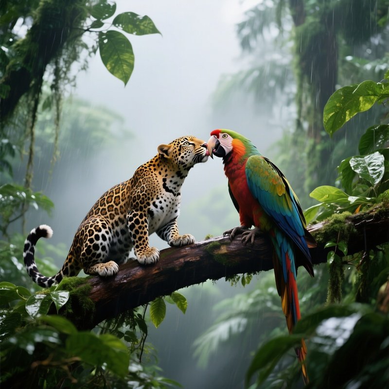 A Jaguar And A Macaw Lock Beaks For A Quick Kiss Atop A Rainforest Canopy Branch, Vibrant Green