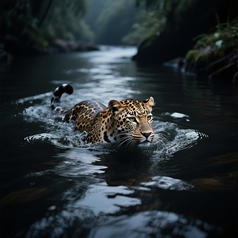 A Jaguar Swimming Stealthily Across A Dark River.