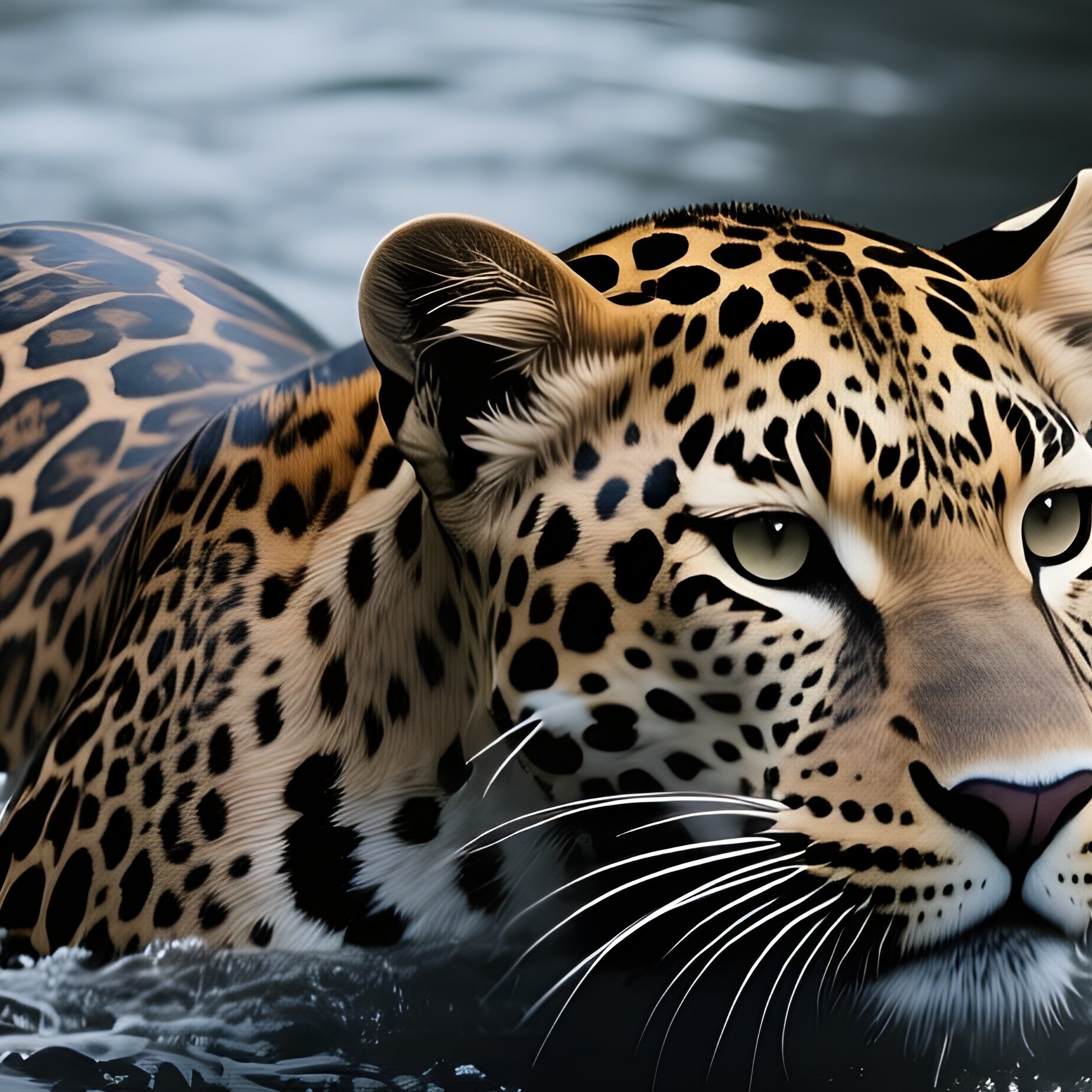 A Jaguar Swimming Stealthily Across A Dark River. - Full Resolution Quality Preview