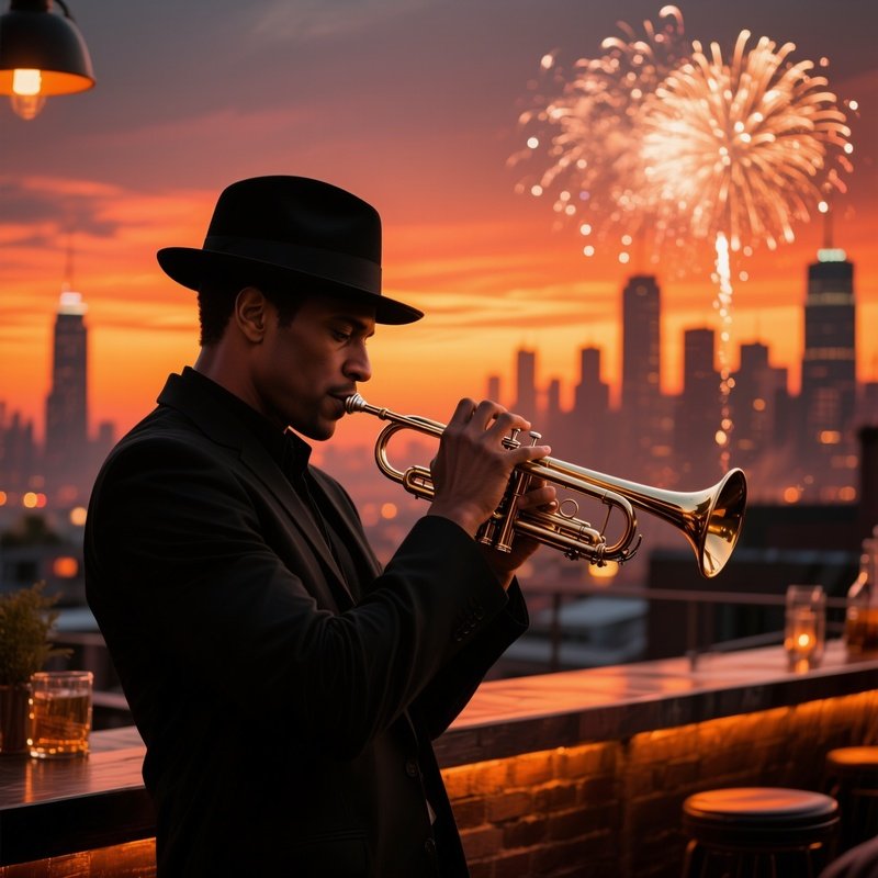 A Jazz Musician In A Sleek Black Fedora Plays A Trumpet On A Rooftop Bar At Sunset, The Skyline