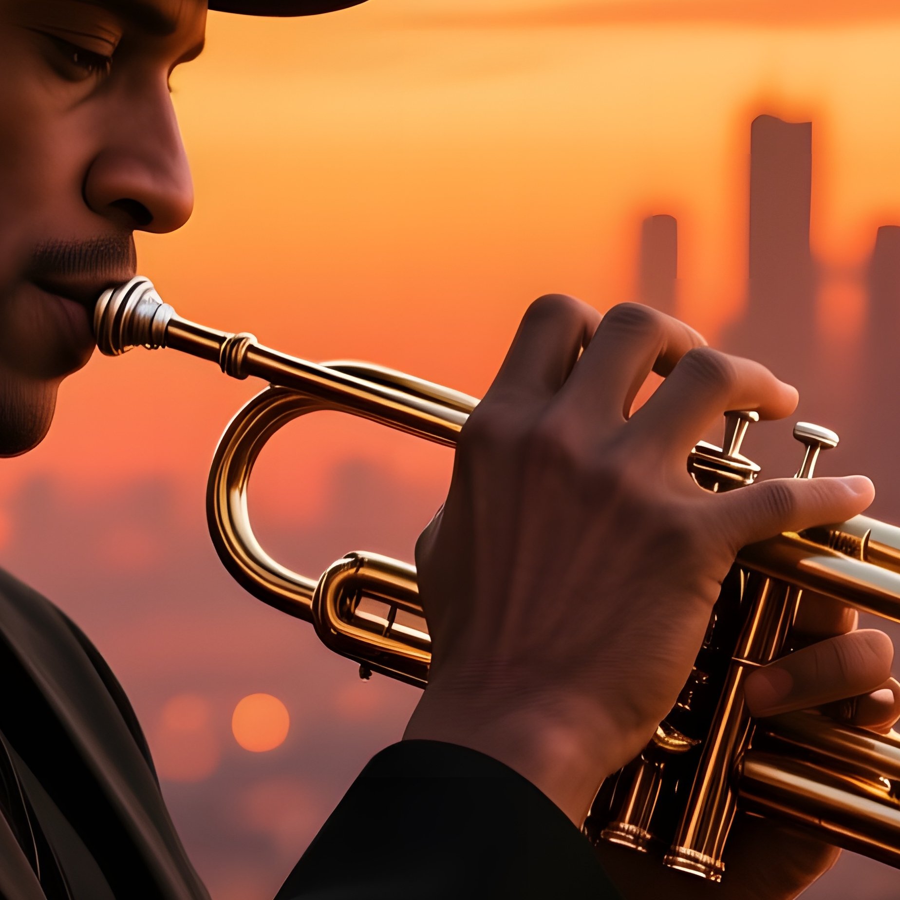 A Jazz Musician In A Sleek Black Fedora Plays A Trumpet On A Rooftop Bar At Sunset, The Skyline - Full Resolution Quality Preview