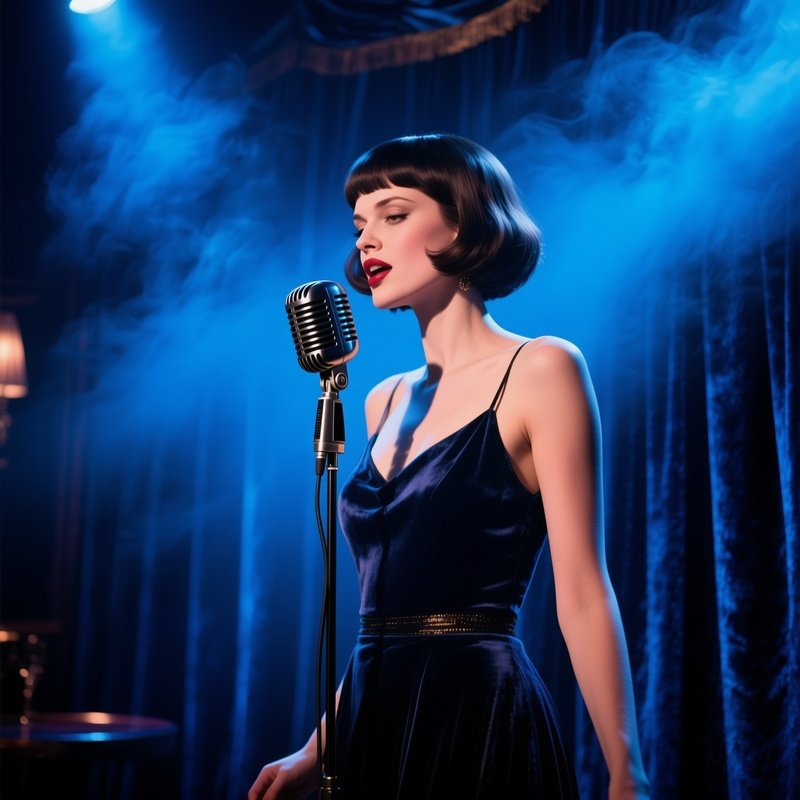 A Jazz Singer With A Classic Bob Sings Into A Vintage Microphone On Stage, Smoky Blue Lighting And