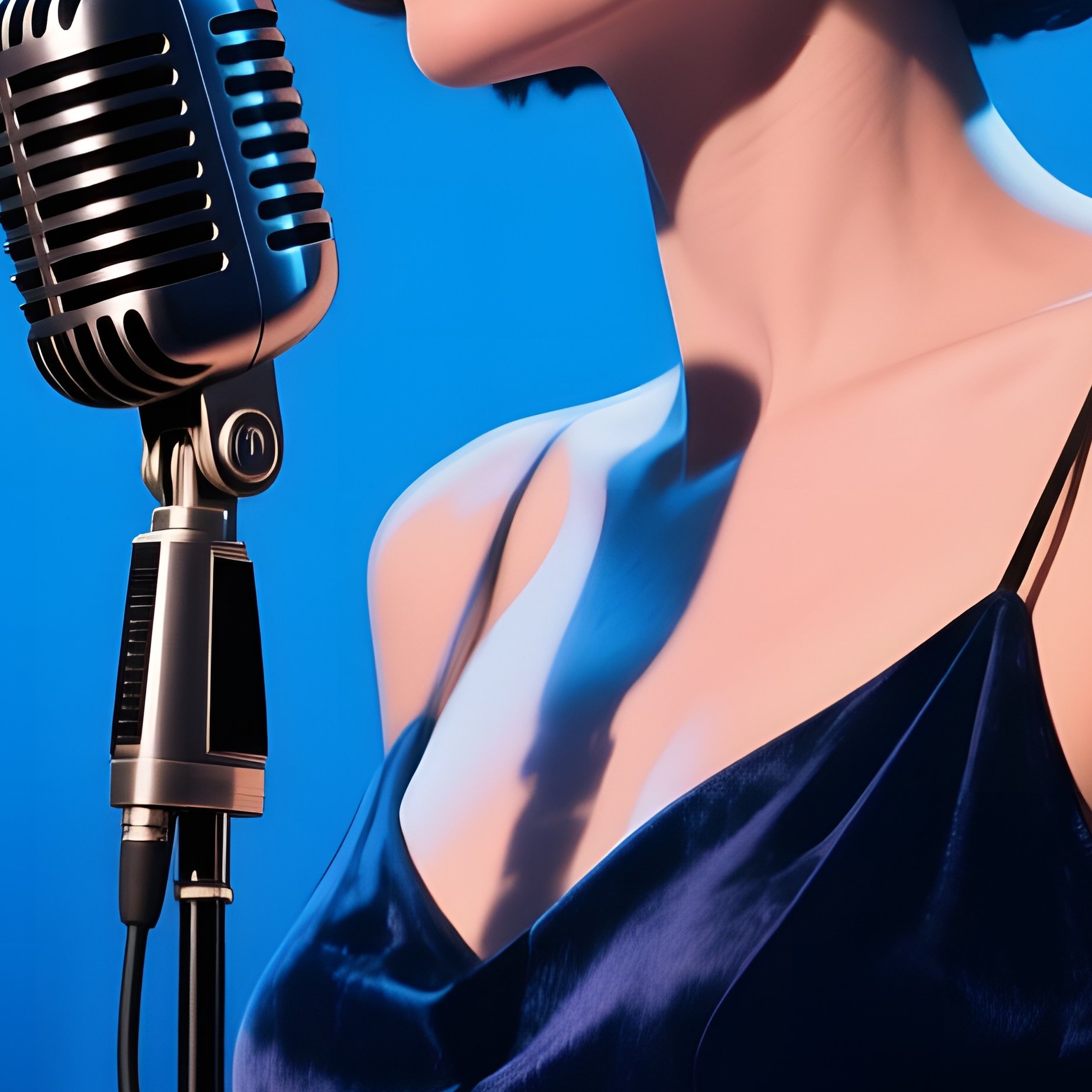 A Jazz Singer With A Classic Bob Sings Into A Vintage Microphone On Stage, Smoky Blue Lighting And - Full Resolution Quality Preview