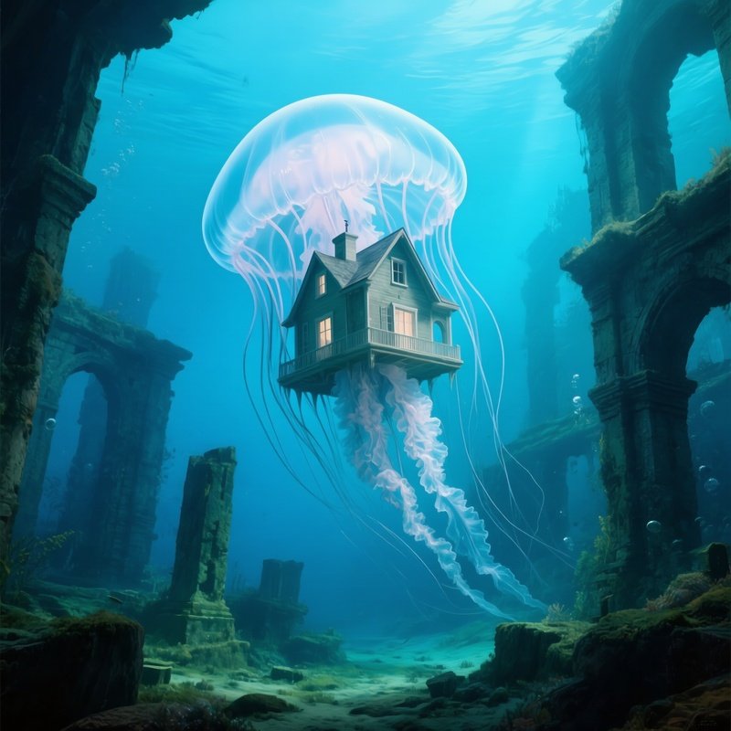 A Jellyfish Sizing A House Drifting Through Ruins Underwater Image