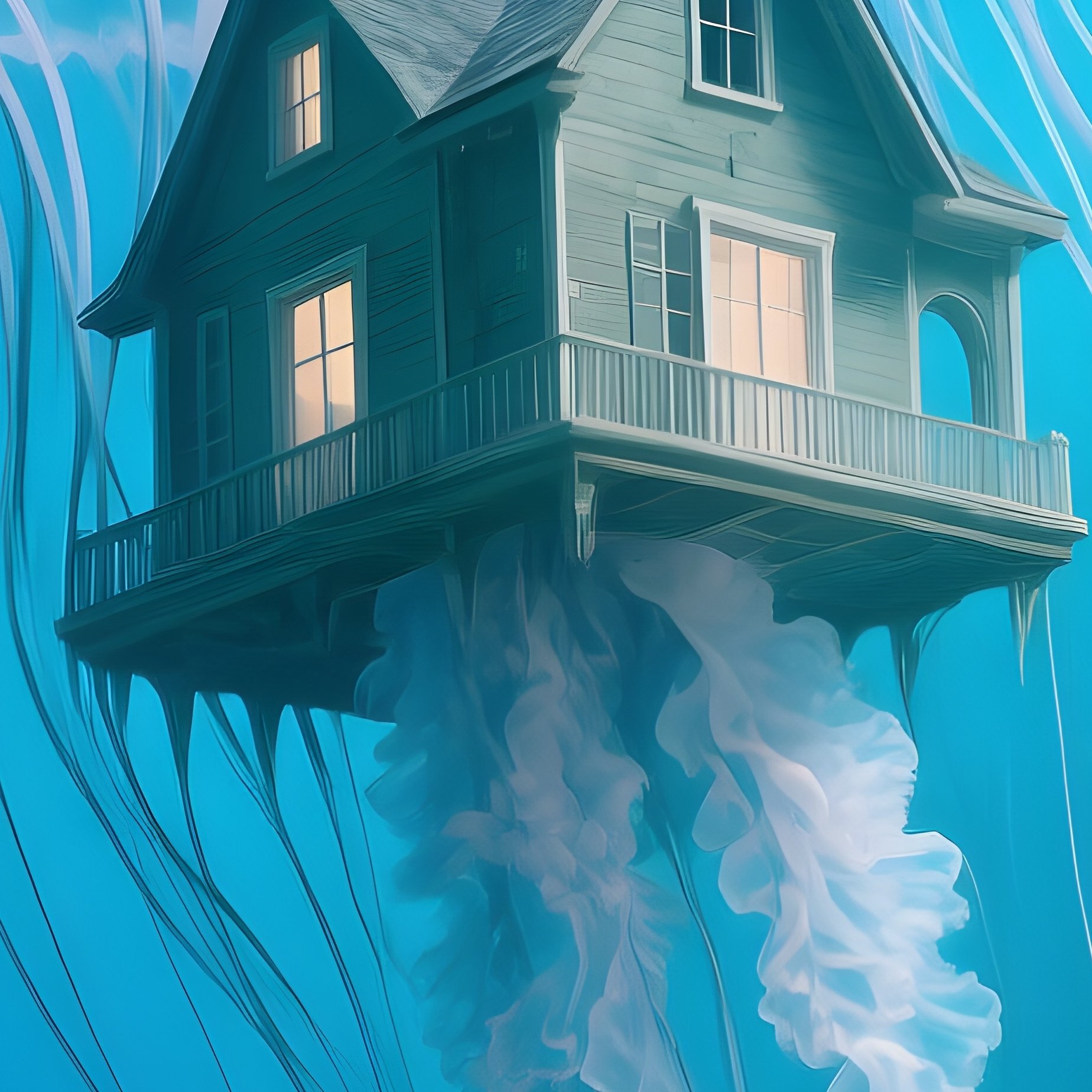 A Jellyfish Sizing A House Drifting Through Ruins Underwater Image - Full Resolution Quality Preview