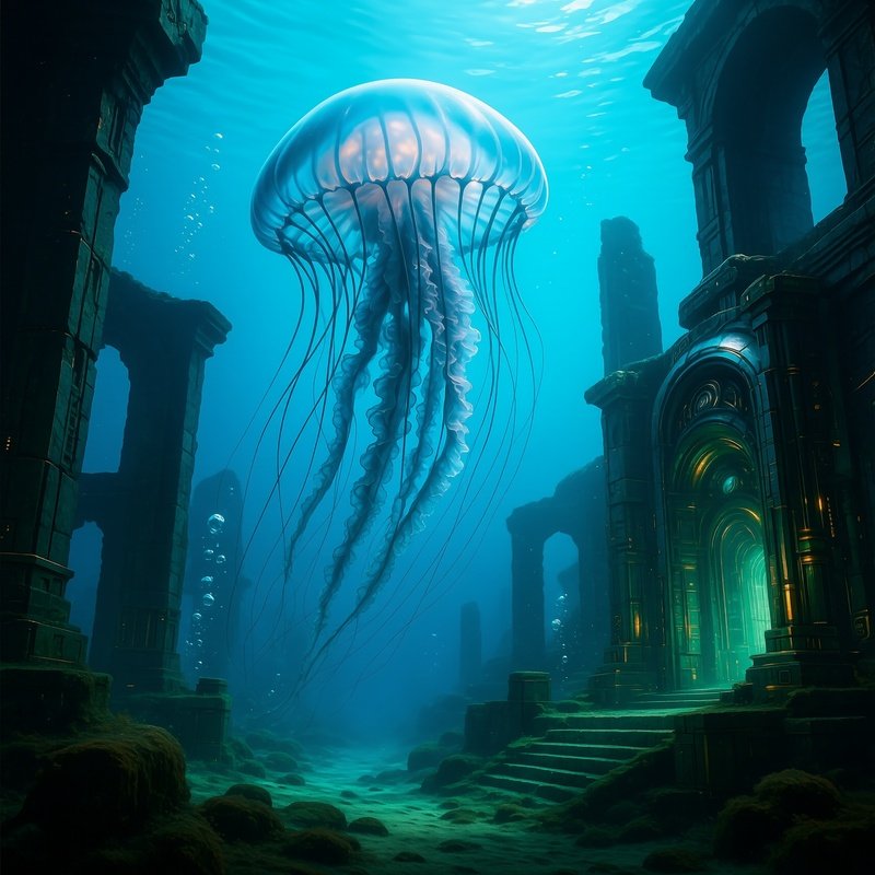 A Jellyfish Sizing A House Drifting Through Ruins Underwater Science Fiction Image