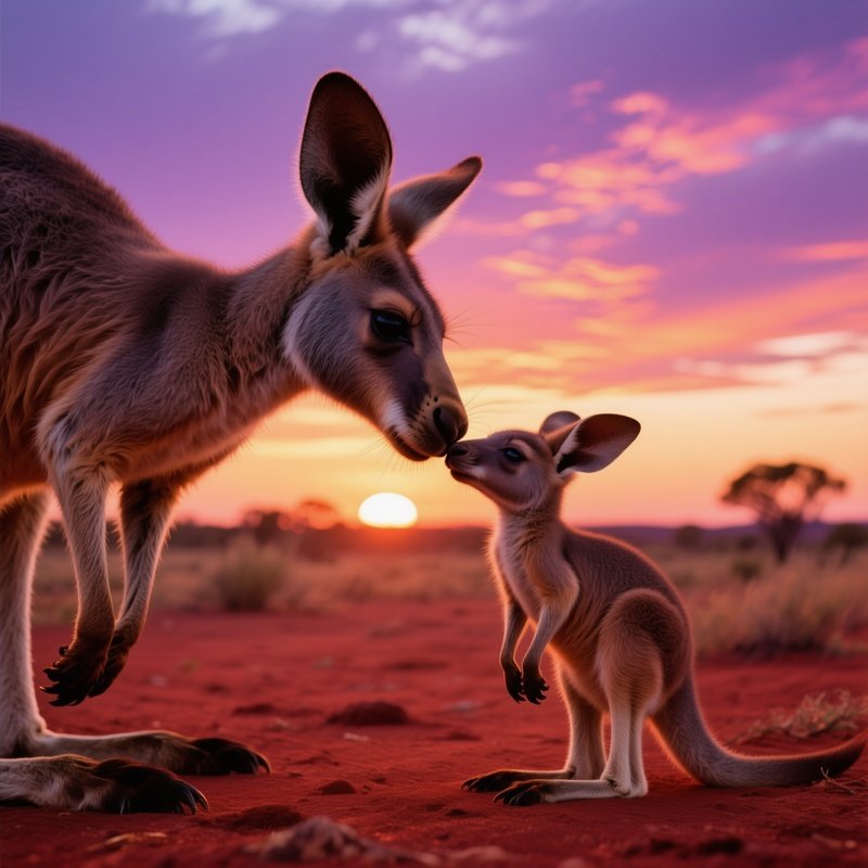 A Kangaroo Mother And Her Joey Press Noses Together In A Sweet Kiss On A Red‑Earth Outback Plain At